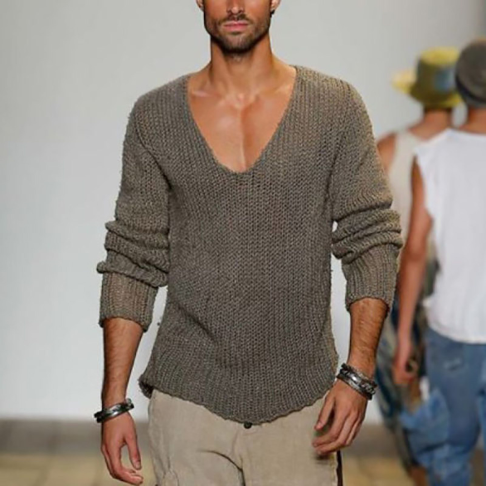 Pullover mit V-Ausschnitt - Casual - Langarm - Strickpullover - Herrenbekleidung-Grau-S-Chaps Herrenmode