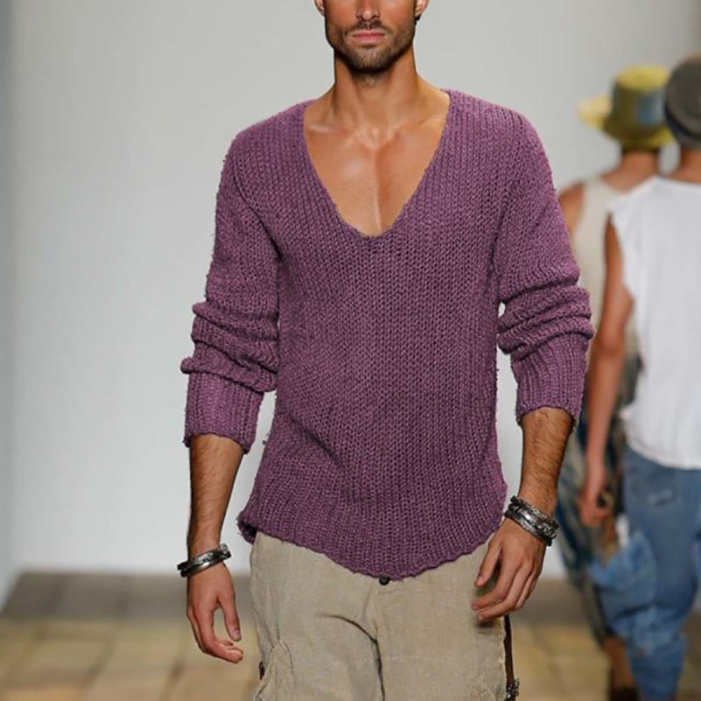 Pullover mit V-Ausschnitt - Casual - Langarm - Strickpullover - Herrenbekleidung-Lila-S-Chaps Herrenmode