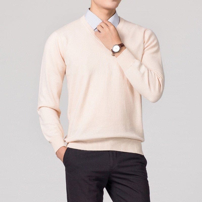 Pullover mit V-Ausschnitt – Klassischer, schlichter Strickpullover für Männer-Beige-S-Chaps Herrenmode