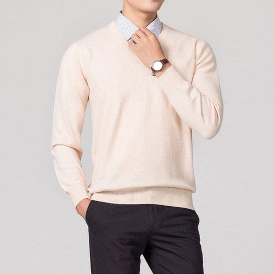 Pullover mit V-Ausschnitt – Klassischer, schlichter Strickpullover für Männer-Beige-S-Chaps Herrenmode