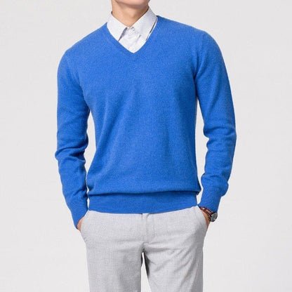 Pullover mit V-Ausschnitt – Klassischer, schlichter Strickpullover für Männer-Blau-S-Chaps Herrenmode