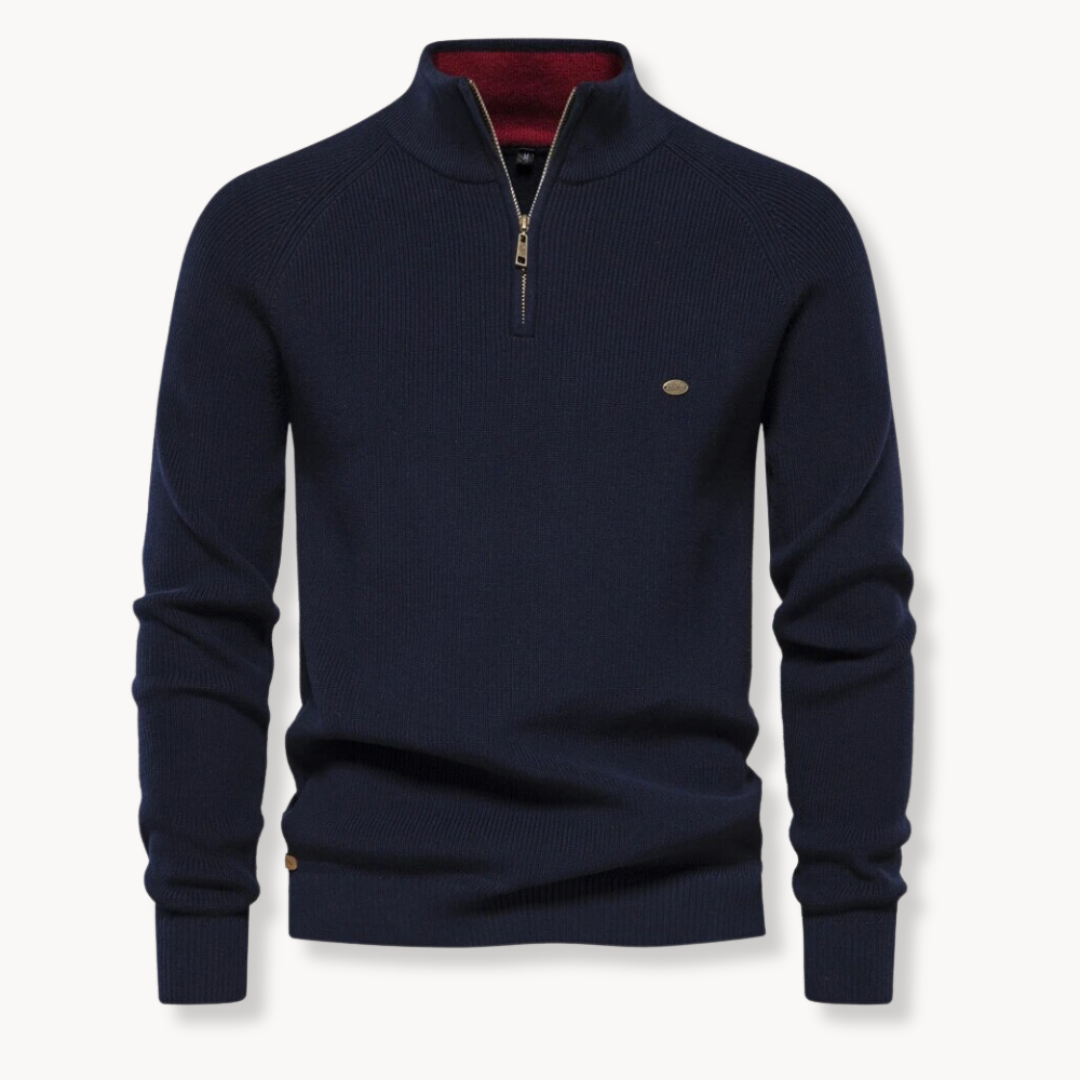 Pullover mit Viertel-Reißverschluss - Hoher Halsausschnitt - Halb-Reißverschluss - Strickpullover - Herrenpullover-Marineblau-S-Chaps Herrenmode