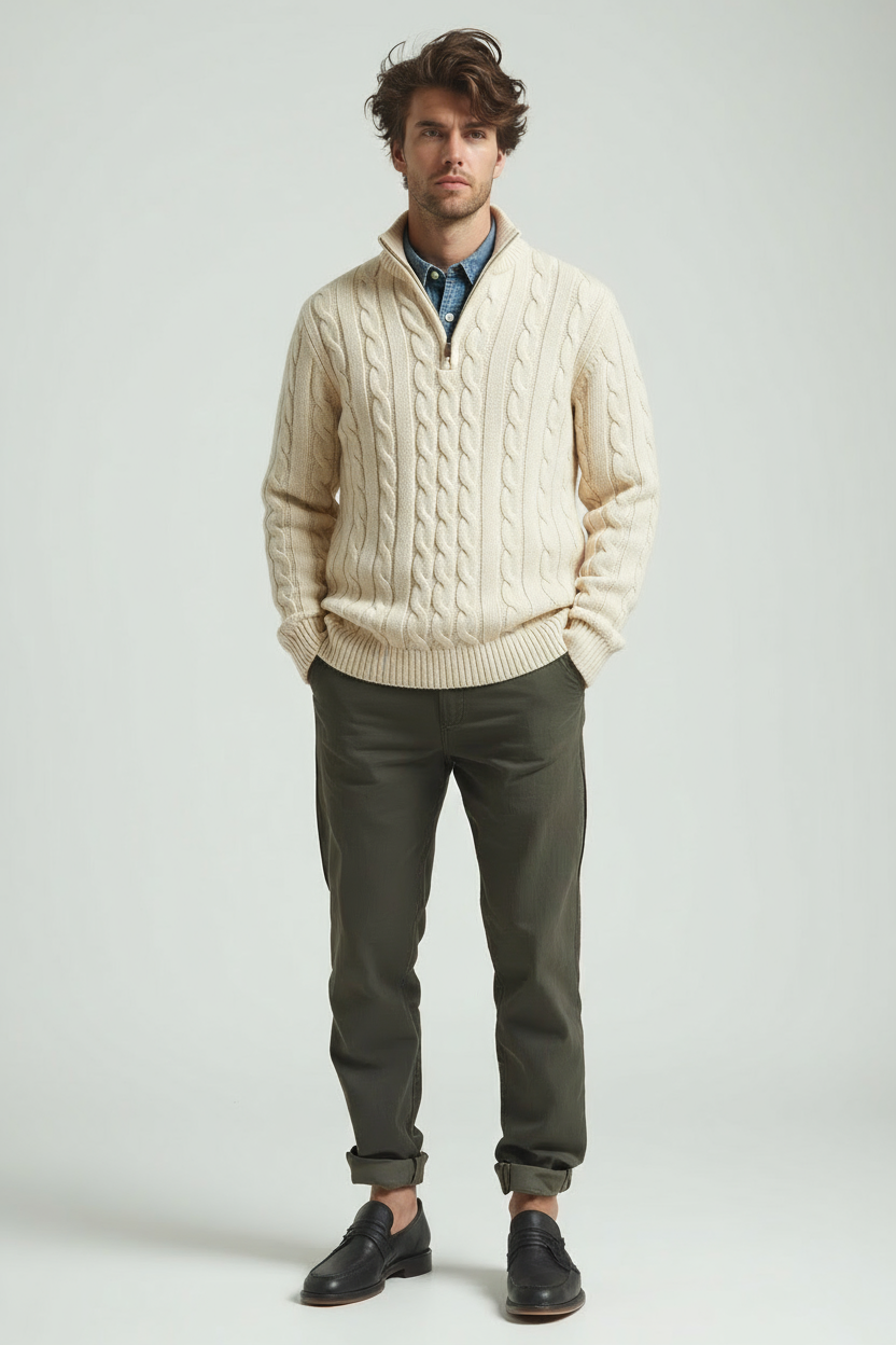 Pullover mit Viertel-Reißverschluss | Zopfstrick | Normale Passform | Strickpullover | Herren Pullover mit Halb-Reißverschluss-Aprikose-M-Chaps Herrenmode