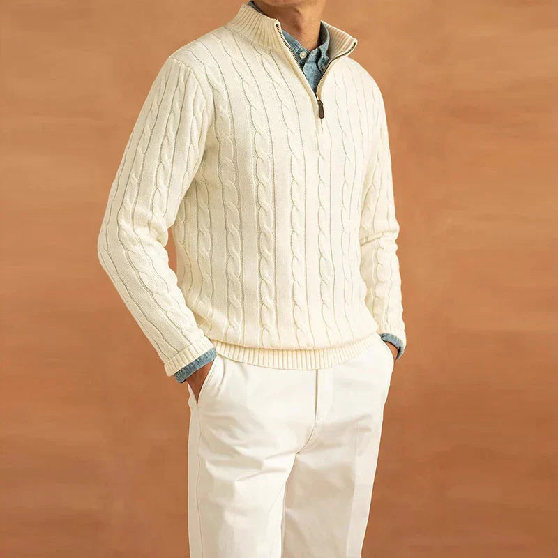 Pullover mit Viertel-Reißverschluss | Zopfstrick | Normale Passform | Strickpullover | Herren Pullover mit Halb-Reißverschluss-Chaps Herrenmode