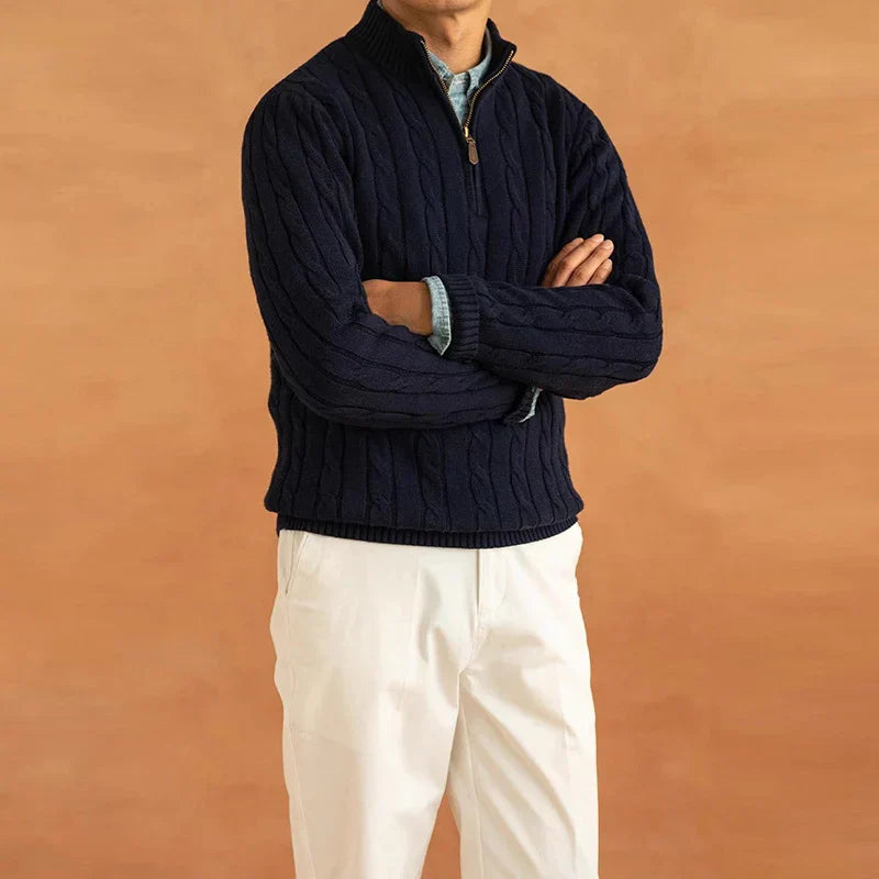 Pullover mit Viertel-Reißverschluss | Zopfstrick | Normale Passform | Strickpullover | Herren Pullover mit Halb-Reißverschluss-Chaps Herrenmode