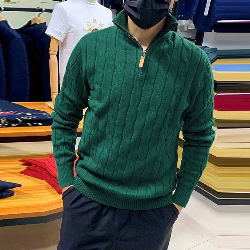 Pullover mit Viertel-Reißverschluss | Zopfstrick | Normale Passform | Strickpullover | Herren Pullover mit Halb-Reißverschluss-Grün-M-Chaps Herrenmode