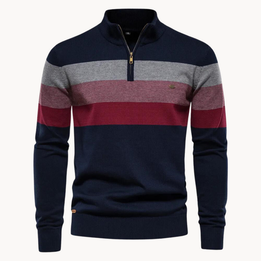 Pullover mit Viertelreißverschluss – Gestreift – Feinstrick – Pullover – Herrenpullover mit halbem Reißverschluss-Blau-S-Chaps Herrenmode