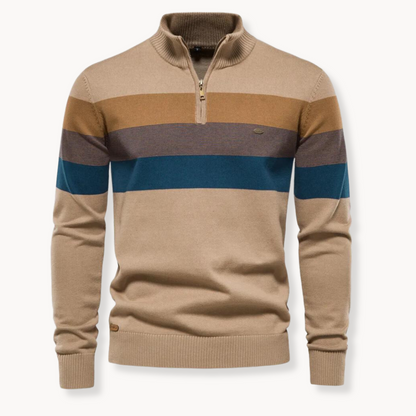 Pullover mit Viertelreißverschluss – Gestreift – Feinstrick – Pullover – Herrenpullover mit halbem Reißverschluss-Khaki-S-Chaps Herrenmode