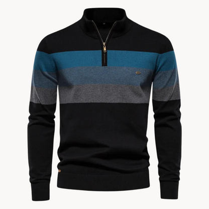 Pullover mit Viertelreißverschluss – Gestreift – Feinstrick – Pullover – Herrenpullover mit halbem Reißverschluss-Schwarz-S-Chaps Herrenmode