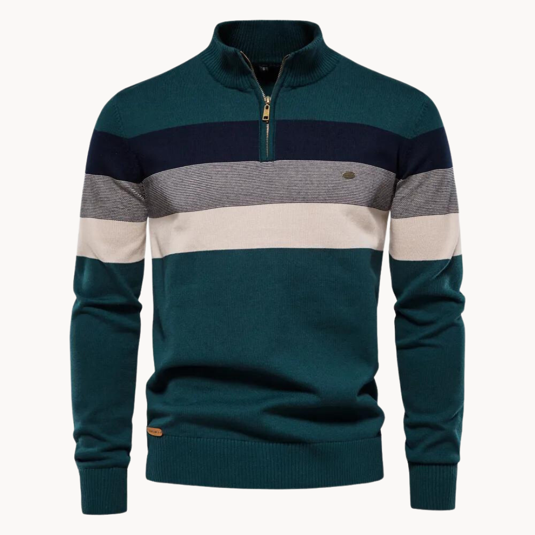 Pullover mit Viertelreißverschluss | Gestreift | Schmal geschnitten | Strickpullover | Herren-Pullover mit halbem Reißverschluss-Grün-S-Chaps Herrenmode