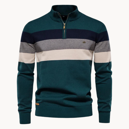 Pullover mit Viertelreißverschluss | Gestreift | Schmal geschnitten | Strickpullover | Herren-Pullover mit halbem Reißverschluss-Grün-S-Chaps Herrenmode