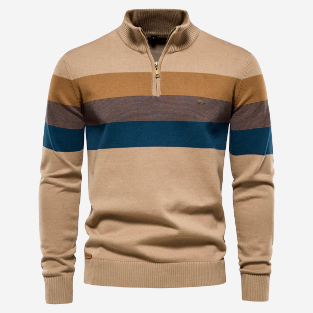 Pullover mit Viertelreißverschluss – Gestreifter Retro-Strickpullover für Männer-Khaki-S-Chaps Herrenmode