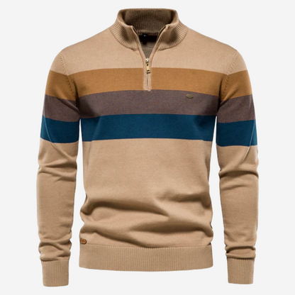 Pullover mit Viertelreißverschluss – Gestreifter Retro-Strickpullover für Männer-Khaki-S-Chaps Herrenmode