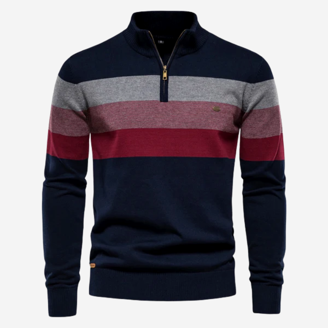 Pullover mit Viertelreißverschluss – Gestreifter Retro-Strickpullover für Männer-Marineblau-S-Chaps Herrenmode