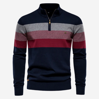 Pullover mit Viertelreißverschluss – Gestreifter Retro-Strickpullover für Männer-Marineblau-S-Chaps Herrenmode
