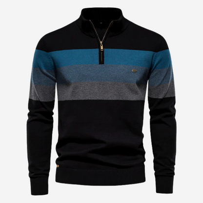 Pullover mit Viertelreißverschluss – Gestreifter Retro-Strickpullover für Männer-Schwarz-S-Chaps Herrenmode