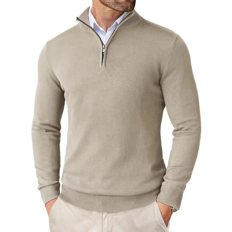Pullover mit Viertelreißverschluss | Gestrickt | Halbreißverschluss | Polo-Pullover | Herren-Pullover mit Viertelreißverschluss-Beige-S-Chaps Herrenmode