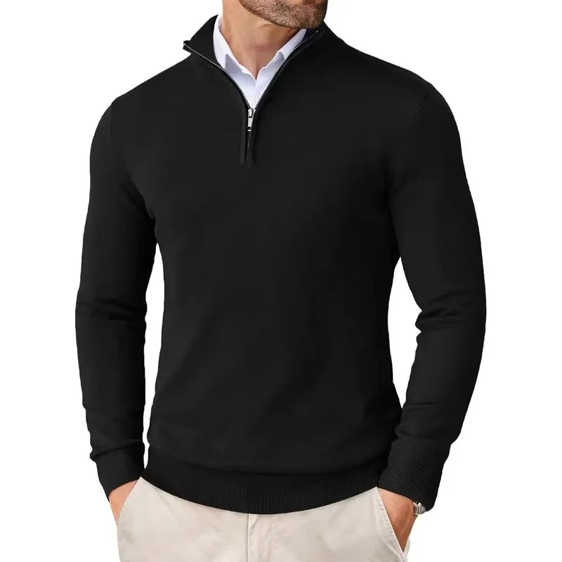 Pullover mit Viertelreißverschluss | Gestrickt | Halbreißverschluss | Polo-Pullover | Herren-Pullover mit Viertelreißverschluss-Schwarz-S-Chaps Herrenmode