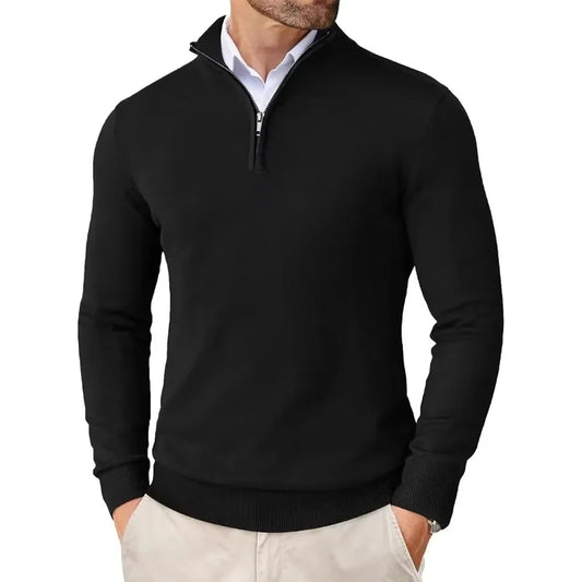 Pullover mit Viertelreißverschluss | Gestrickt | Halbreißverschluss | Polo-Pullover | Herren-Pullover mit Viertelreißverschluss-Schwarz-S-Chaps Herrenmode