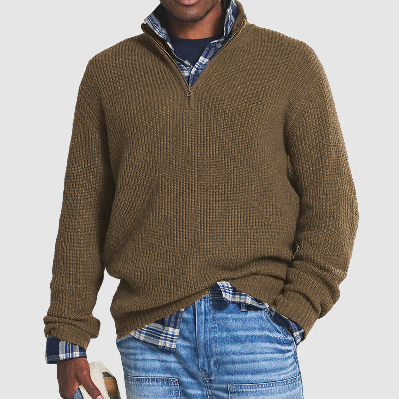 Pullover mit Viertelreißverschluss | Gestrickt | Lockere Passform | Pullover mit halbem Reißverschluss | Herrenpullover mit Viertelreißverschluss-Braun-S-Chaps Herrenmode