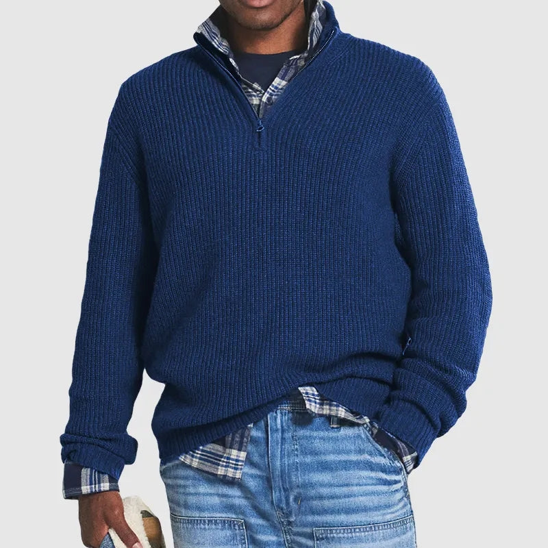 Pullover mit Viertelreißverschluss | Gestrickt | Lockere Passform | Pullover mit halbem Reißverschluss | Herrenpullover mit Viertelreißverschluss-Dunkelblau-S-Chaps Herrenmode