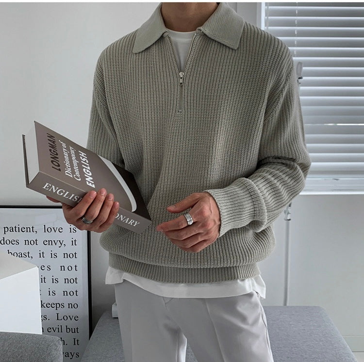 Pullover mit Viertelreißverschluss | Gestrickt | Mit Kragen | Polo-Pullover | Herrenpullover-Grau-XS-Chaps Herrenmode