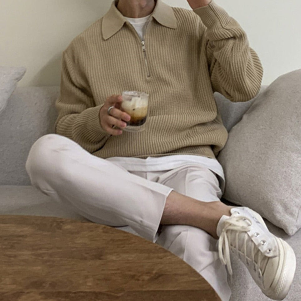 Pullover mit Viertelreißverschluss | Gestrickt | Mit Kragen | Polo-Pullover | Herrenpullover-Khaki-XS-Chaps Herrenmode