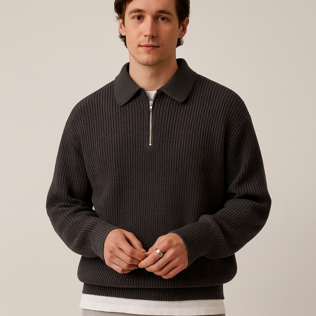 Pullover mit Viertelreißverschluss | Gestrickt | Mit Kragen | Polo-Pullover | Herrenpullover-Schwarz-XS-Chaps Herrenmode