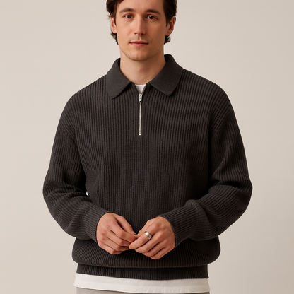 Pullover mit Viertelreißverschluss | Gestrickt | Mit Kragen | Polo-Pullover | Herrenpullover-Schwarz-XS-Chaps Herrenmode