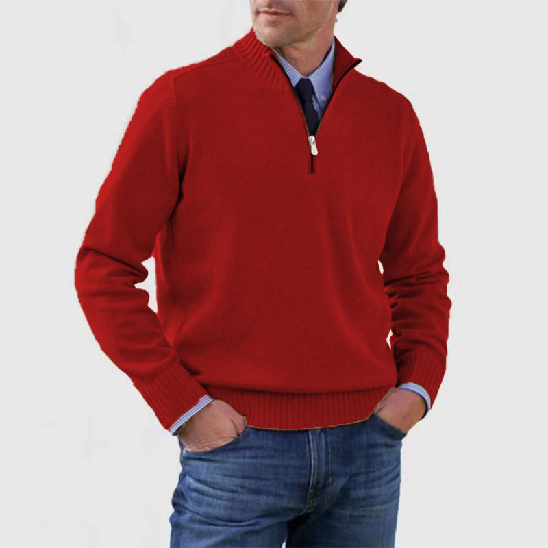 Pullover mit Viertelreißverschluss – Gestrickt – Pullover – Polopullover – Herrenpullover mit halbem Reißverschluss-Rot-M-Chaps Herrenmode