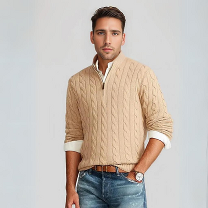 Pullover mit Viertelreißverschluss | Gestrickt | Zopfmuster | Pullover mit halbem Reißverschluss | Herrenpullover-Beige-M-Chaps Herrenmode