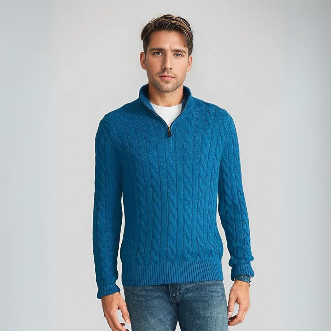 Pullover mit Viertelreißverschluss | Gestrickt | Zopfmuster | Pullover mit halbem Reißverschluss | Herrenpullover-Blau-M-Chaps Herrenmode