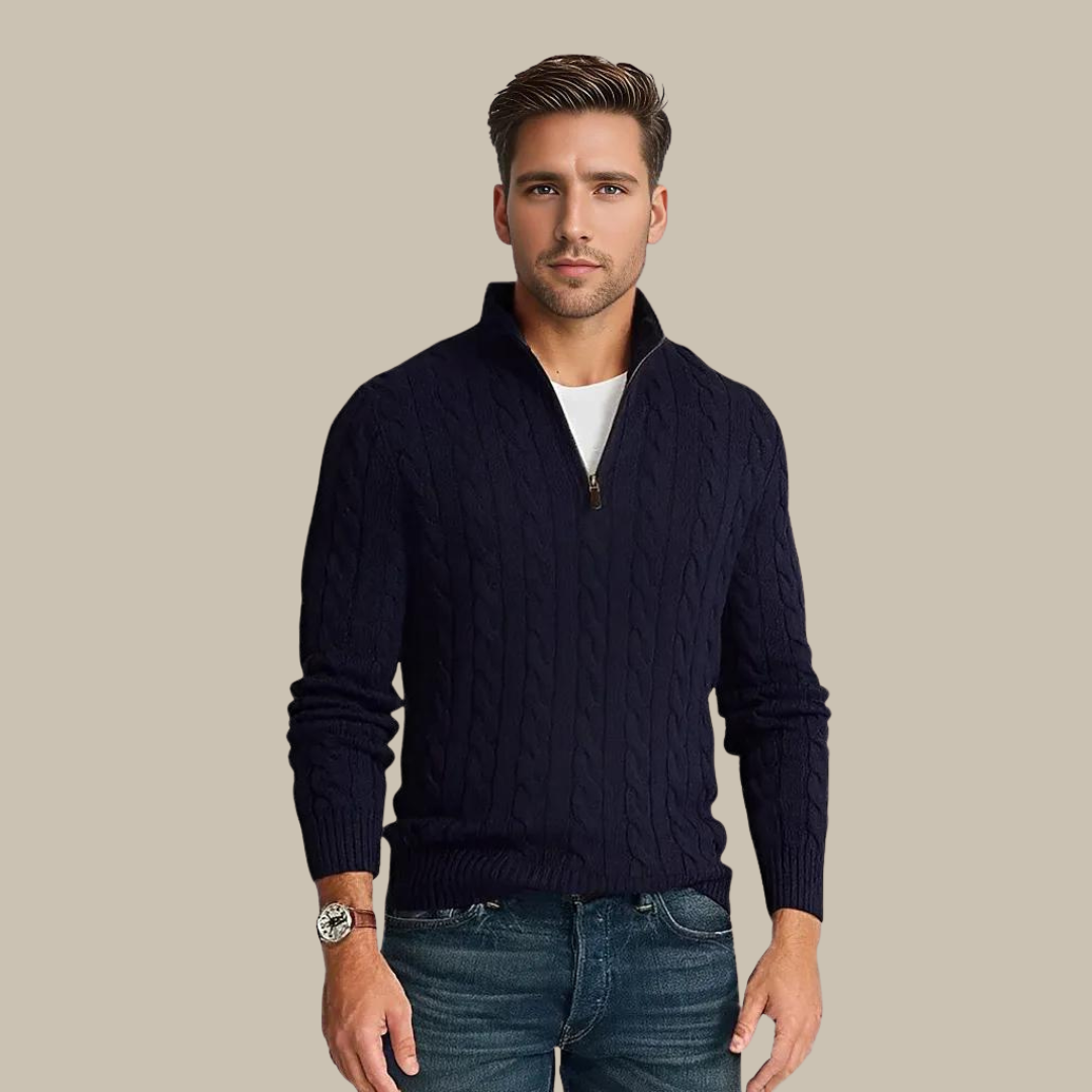 Pullover mit Viertelreißverschluss | Gestrickt | Zopfmuster | Pullover mit halbem Reißverschluss | Herrenpullover-Marineblau-M-Chaps Herrenmode