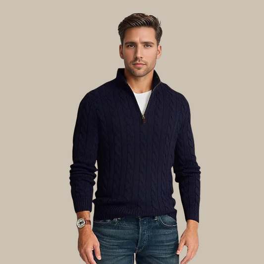 Pullover mit Viertelreißverschluss | Gestrickt | Zopfmuster | Pullover mit halbem Reißverschluss | Herrenpullover-Marineblau-M-Chaps Herrenmode