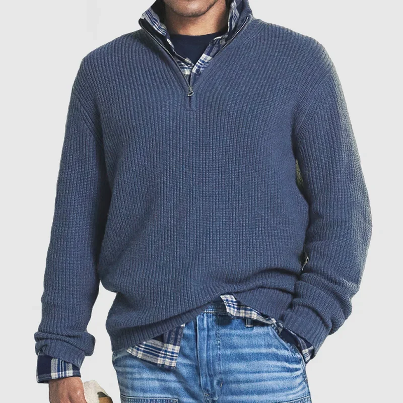 Pullover mit Viertelreißverschluss – Lässig – Rippstrick – Strickpullover – Herren-Pullover mit halbem Reißverschluss-Blau-S-Chaps Herrenmode