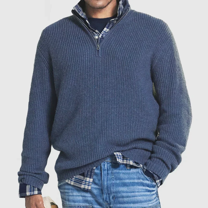 Pullover mit Viertelreißverschluss – Lässig – Rippstrick – Strickpullover – Herren-Pullover mit halbem Reißverschluss-Blau-S-Chaps Herrenmode