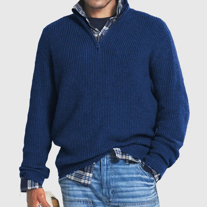 Pullover mit Viertelreißverschluss – Lässig – Rippstrick – Strickpullover – Herren-Pullover mit halbem Reißverschluss-Dunkelblau-S-Chaps Herrenmode