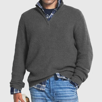 Pullover mit Viertelreißverschluss – Lässig – Rippstrick – Strickpullover – Herren-Pullover mit halbem Reißverschluss-Grau-S-Chaps Herrenmode