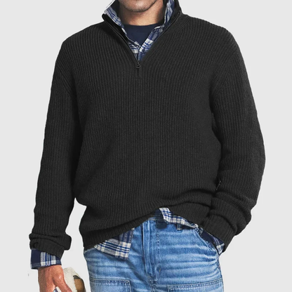 Pullover mit Viertelreißverschluss – Lässig – Rippstrick – Strickpullover – Herren-Pullover mit halbem Reißverschluss-Schwarz-S-Chaps Herrenmode