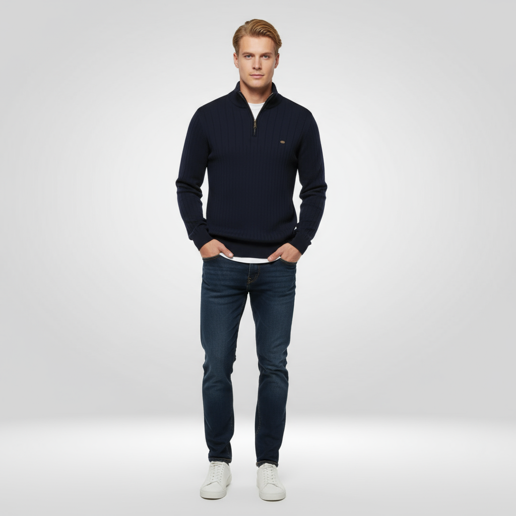 Pullover mit Viertelreißverschluss | Rippstrick | Gestrickt | Pullover mit halbem Reißverschluss | Herrenpullover-Chaps Herrenmode