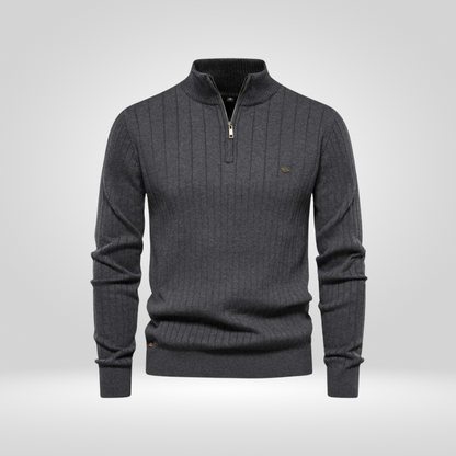 Pullover mit Viertelreißverschluss | Rippstrick | Gestrickt | Pullover mit halbem Reißverschluss | Herrenpullover-Dunkelgrau-S-Chaps Herrenmode