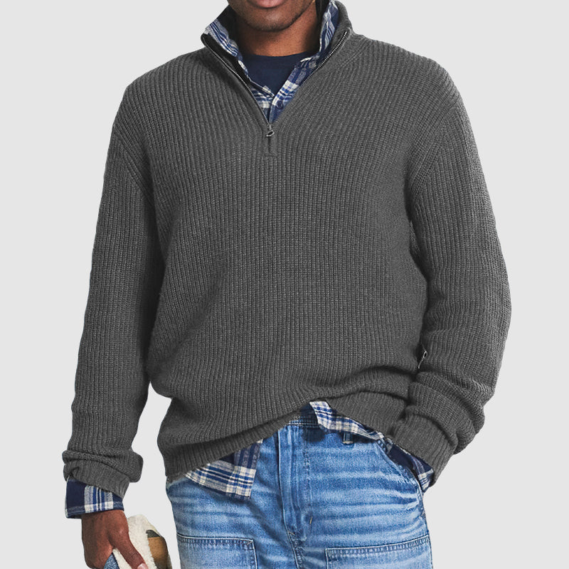 Pullover mit Viertelreißverschluss – Rippstrick – Pullover – Pullover mit halbem Reißverschluss – Herrenpullover-Grau-S-Chaps Herrenmode