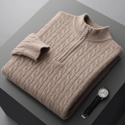 Pullover mit Viertelreißverschluss – Zopfmuster – Pullover – Strickpullover – Herrenpullover mit halbem Reißverschluss-Beige-S-Chaps Herrenmode
