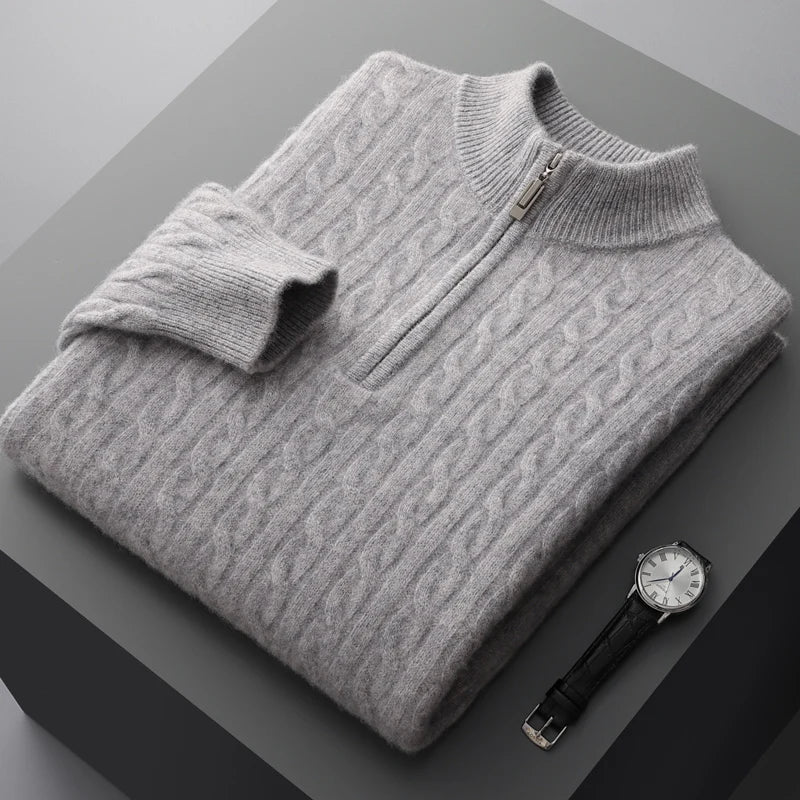 Pullover mit Viertelreißverschluss – Zopfmuster – Pullover – Strickpullover – Herrenpullover mit halbem Reißverschluss-Grau-S-Chaps Herrenmode
