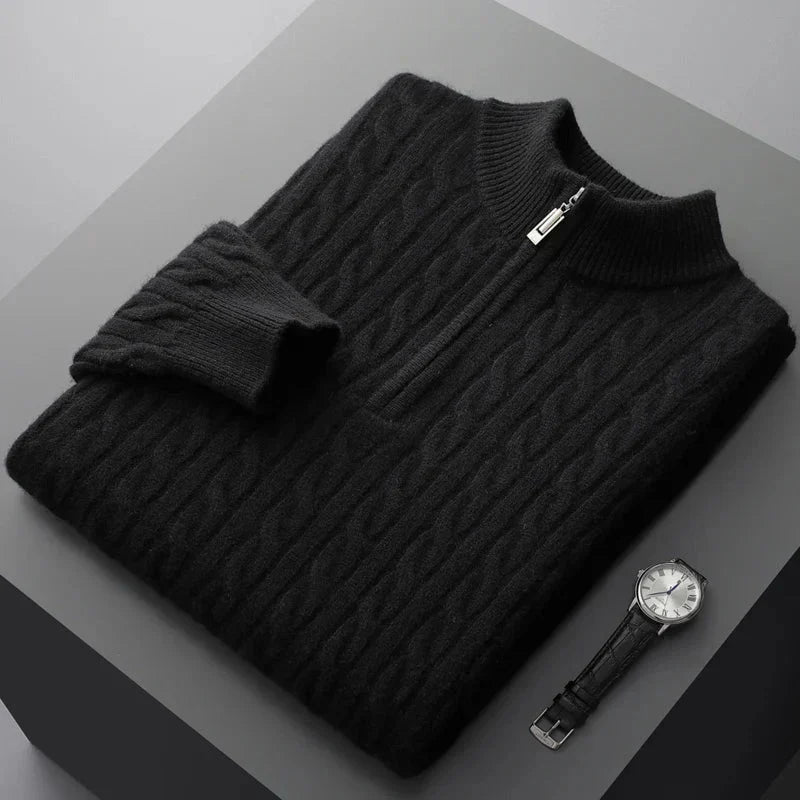 Pullover mit Viertelreißverschluss – Zopfmuster – Pullover – Strickpullover – Herrenpullover mit halbem Reißverschluss-Schwarz-S-Chaps Herrenmode
