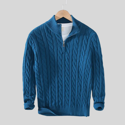 Pullover mit Viertelreißverschluss – Zopfmuster – Strickware – Polo-Pullover – Herren-Pullover mit halbem Reißverschluss-Blau-S-Chaps Herrenmode