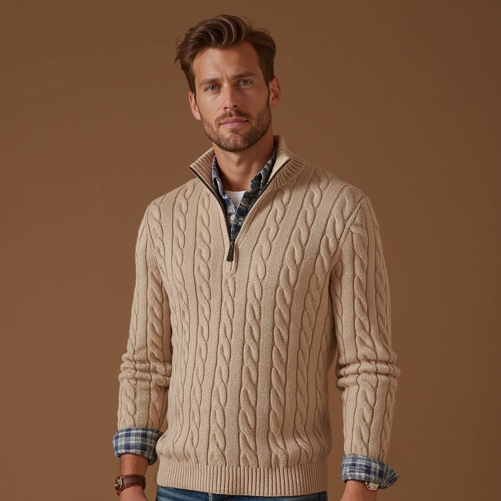 Pullover mit Viertelreißverschluss – Zopfmuster – Strickware – Polo-Pullover – Herren-Pullover mit halbem Reißverschluss-Chaps Herrenmode