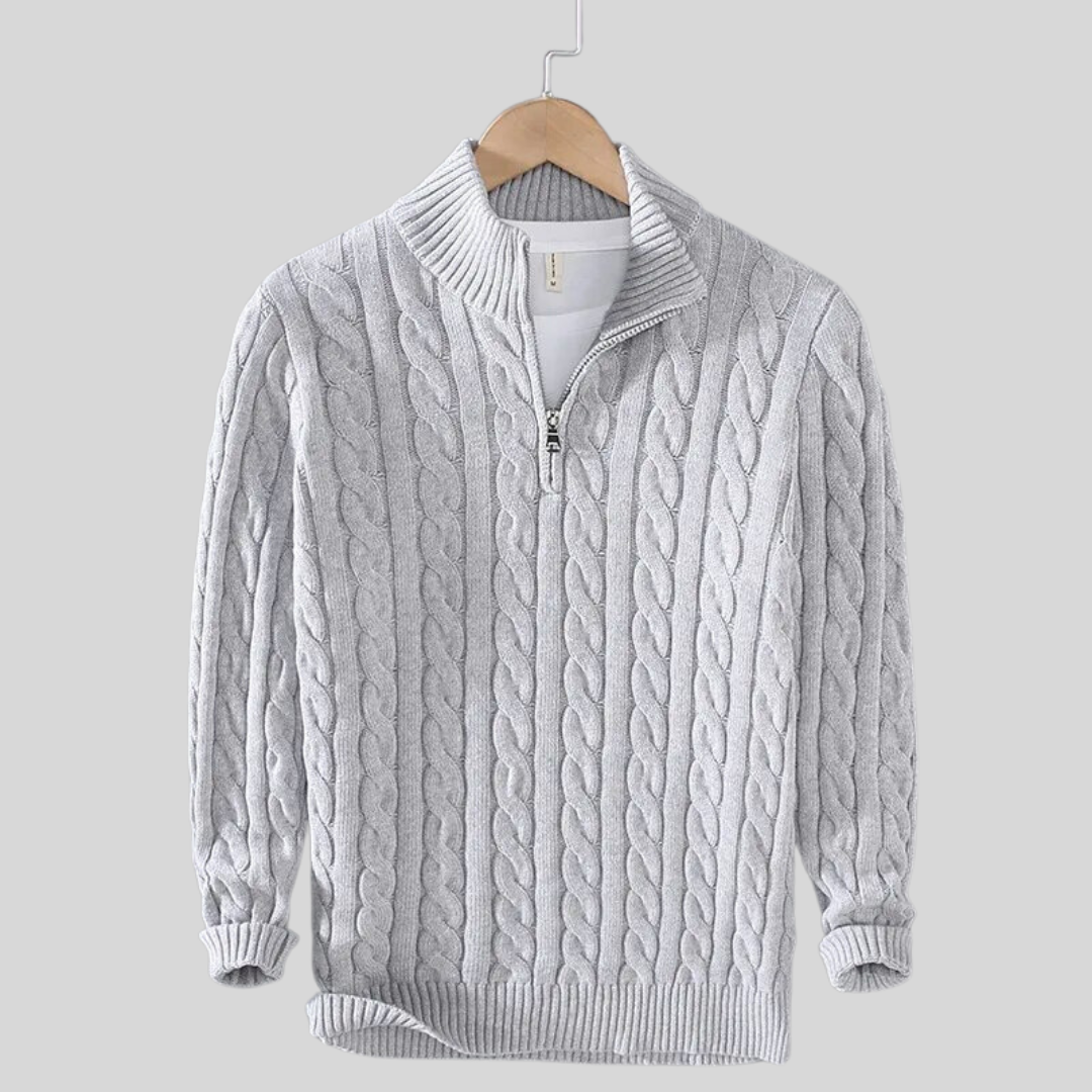 Pullover mit Viertelreißverschluss – Zopfmuster – Strickware – Polo-Pullover – Herren-Pullover mit halbem Reißverschluss-Grau-S-Chaps Herrenmode