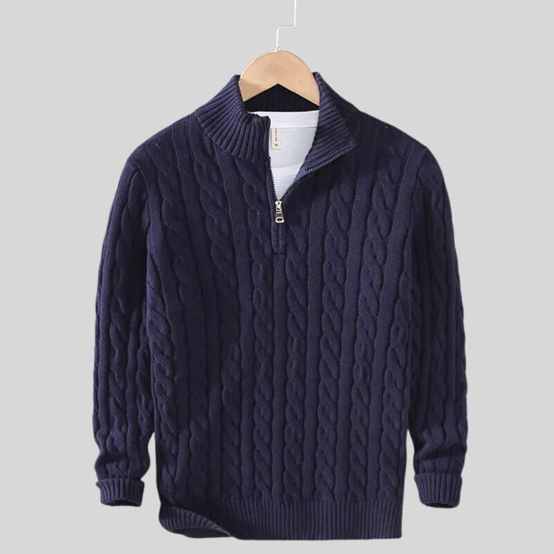 Pullover mit Viertelreißverschluss – Zopfmuster – Strickware – Polo-Pullover – Herren-Pullover mit halbem Reißverschluss-Königsblau-S-Chaps Herrenmode