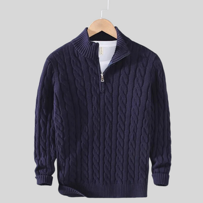 Pullover mit Viertelreißverschluss – Zopfmuster – Strickware – Polo-Pullover – Herren-Pullover mit halbem Reißverschluss-Königsblau-S-Chaps Herrenmode